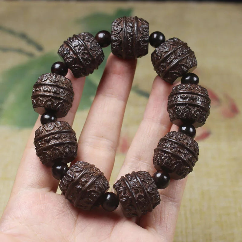 handmade wood engraving stretch good luck buddha Avalokitesvara lotus bracelet men jewelry