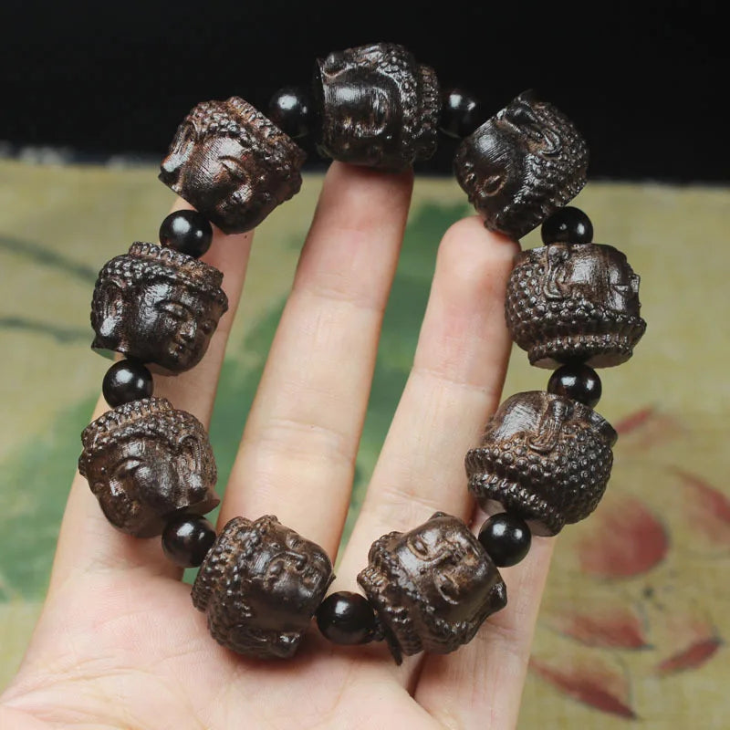 handmade wood engraving stretch good luck buddha Avalokitesvara lotus bracelet men jewelry