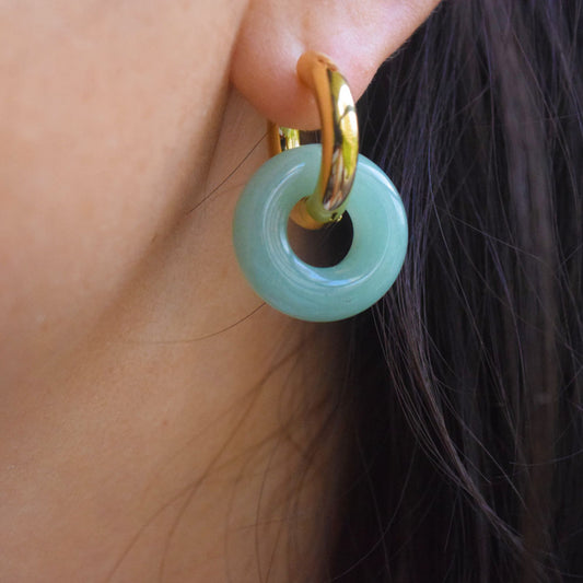 wholesale earrings women steel big with natural stones green aventurine yellow jade rose pink crystal hoop dangle