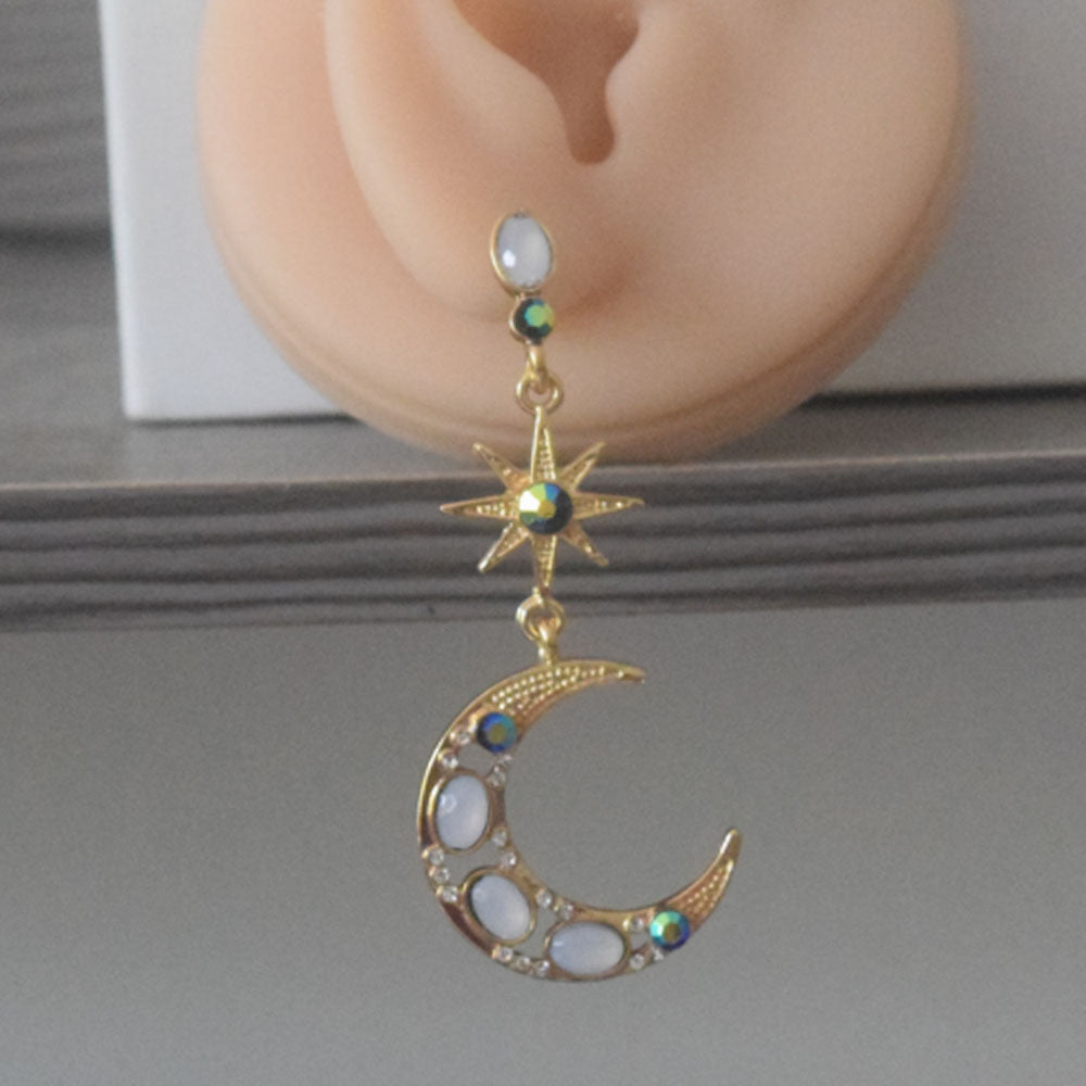 fashion chic alloy material glass crystal gold plate moon and star drop earring jewelry for women