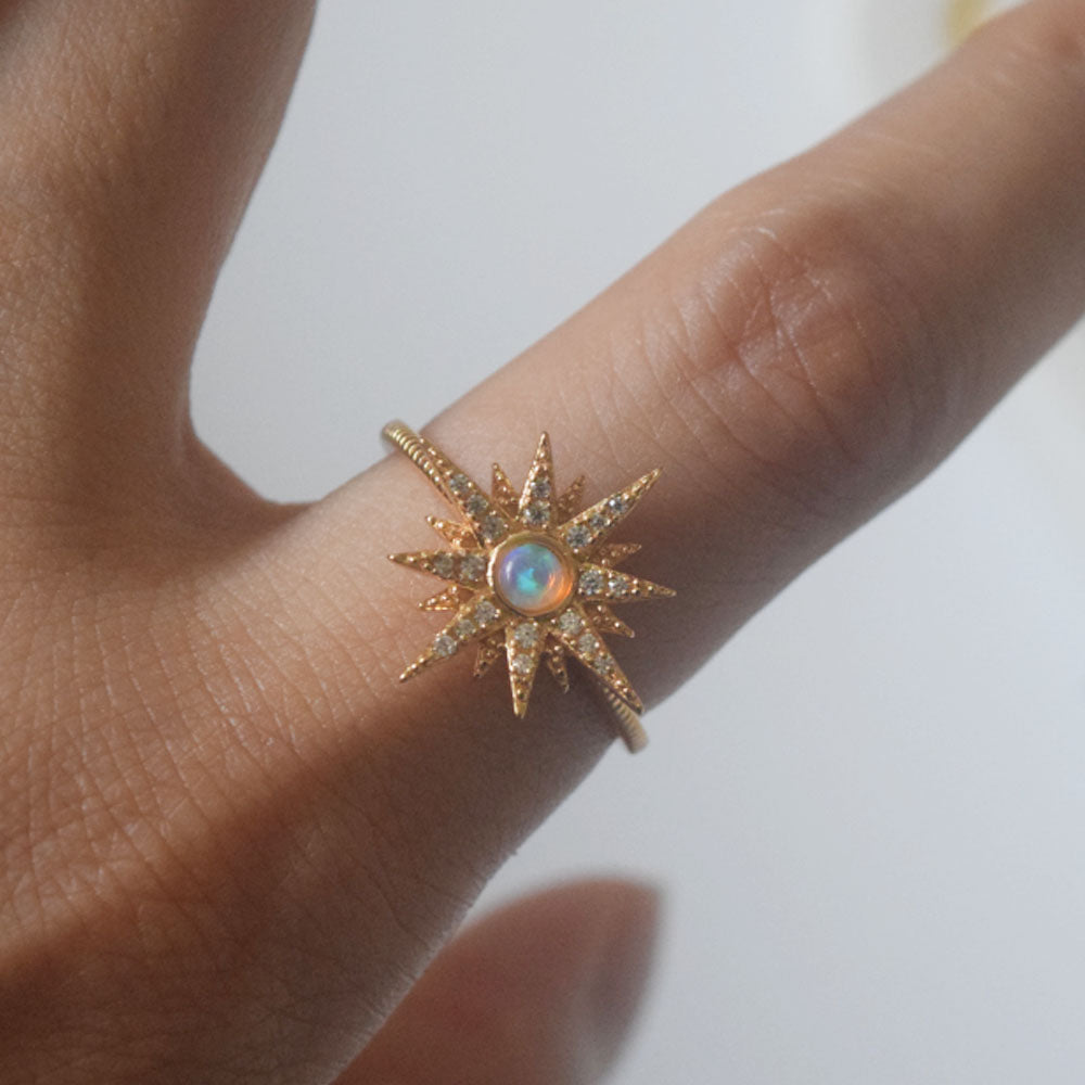 adjustable 925 sterling silver sun charm with gold plating opal stone ring fashion jewelry