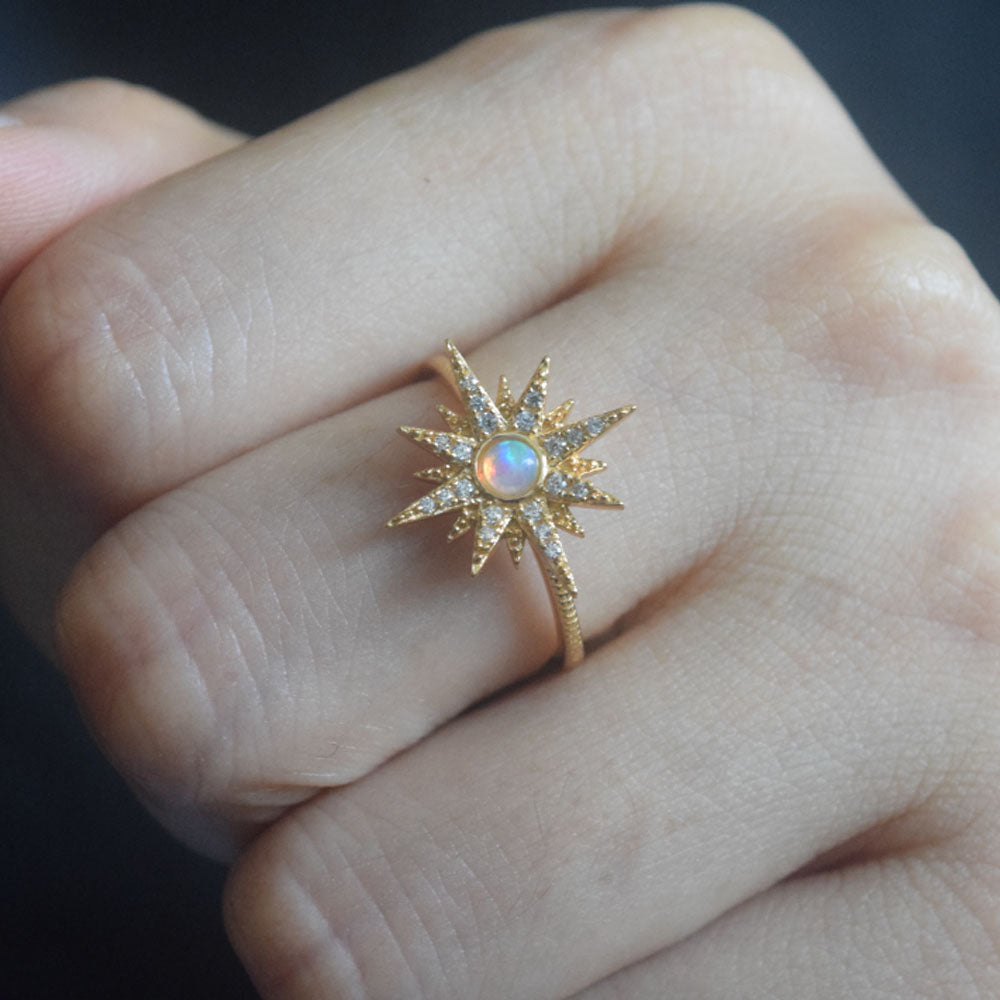 adjustable 925 sterling silver sun charm with gold plating opal stone ring fashion jewelry