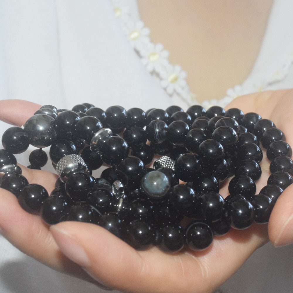 wholesale handmade natural gemstone stone beads 8mm line agate mala 108 yoga prayer meditation jewelry bracelet elastic