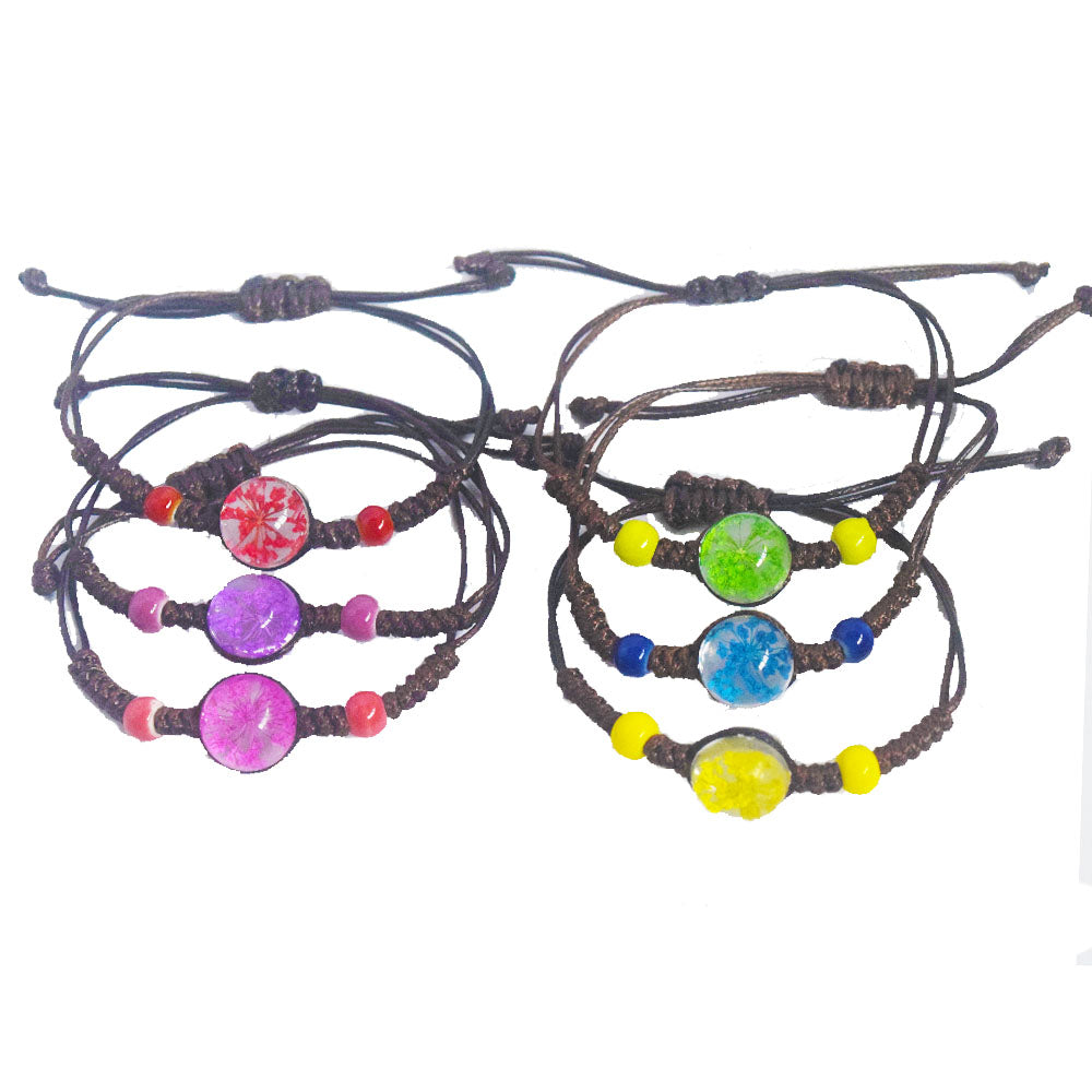 handmadebrown wax cord string rope braided woven glass ball bead dried flower bracelet jewelry