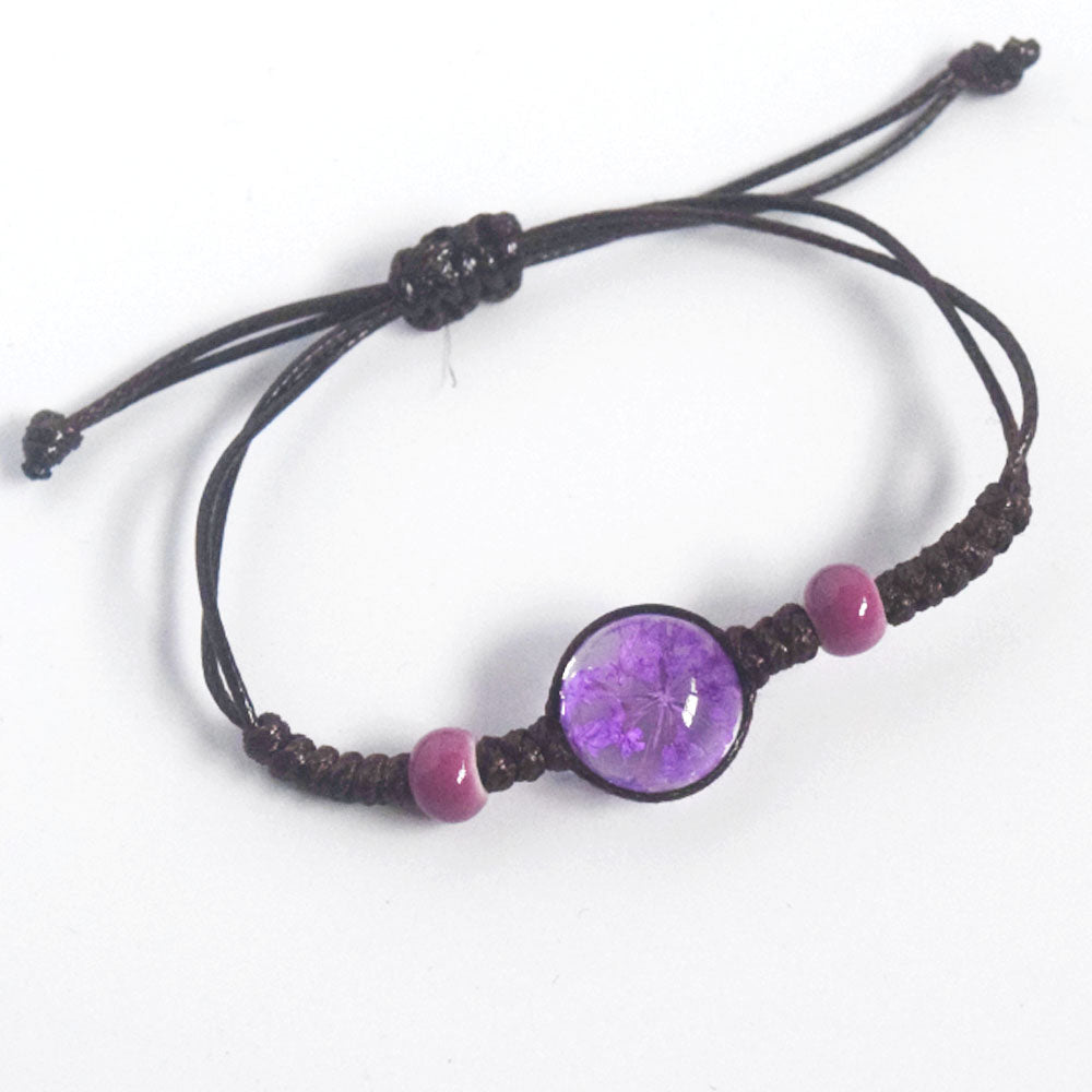 handmadebrown wax cord string rope braided woven glass ball bead dried flower bracelet jewelry