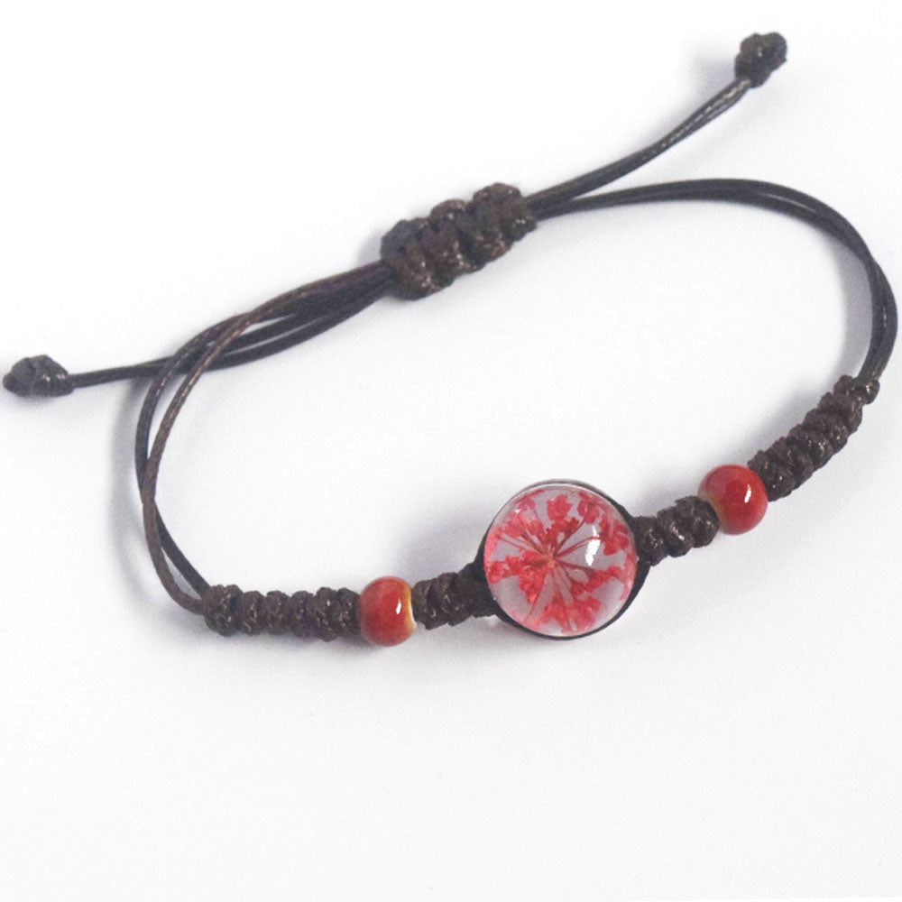 handmadebrown wax cord string rope braided woven glass ball bead dried flower bracelet jewelry