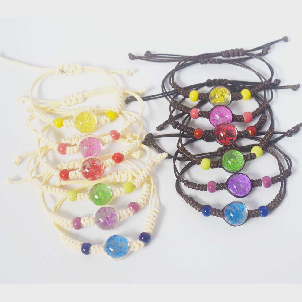 handmadebrown wax cord string rope braided woven glass ball bead dried flower bracelet jewelry