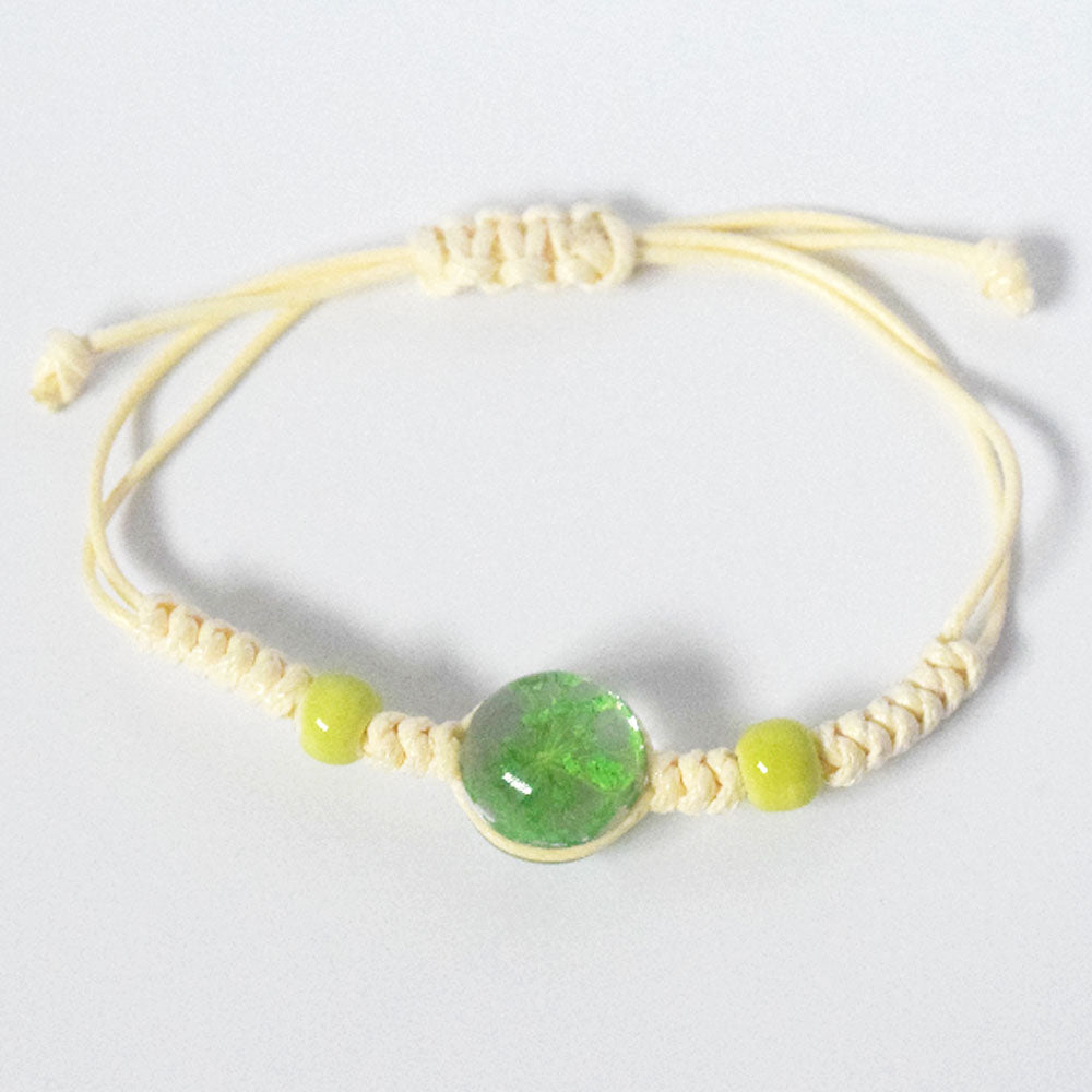 handmadebrown wax cord string rope braided woven glass ball bead dried flower bracelet jewelry