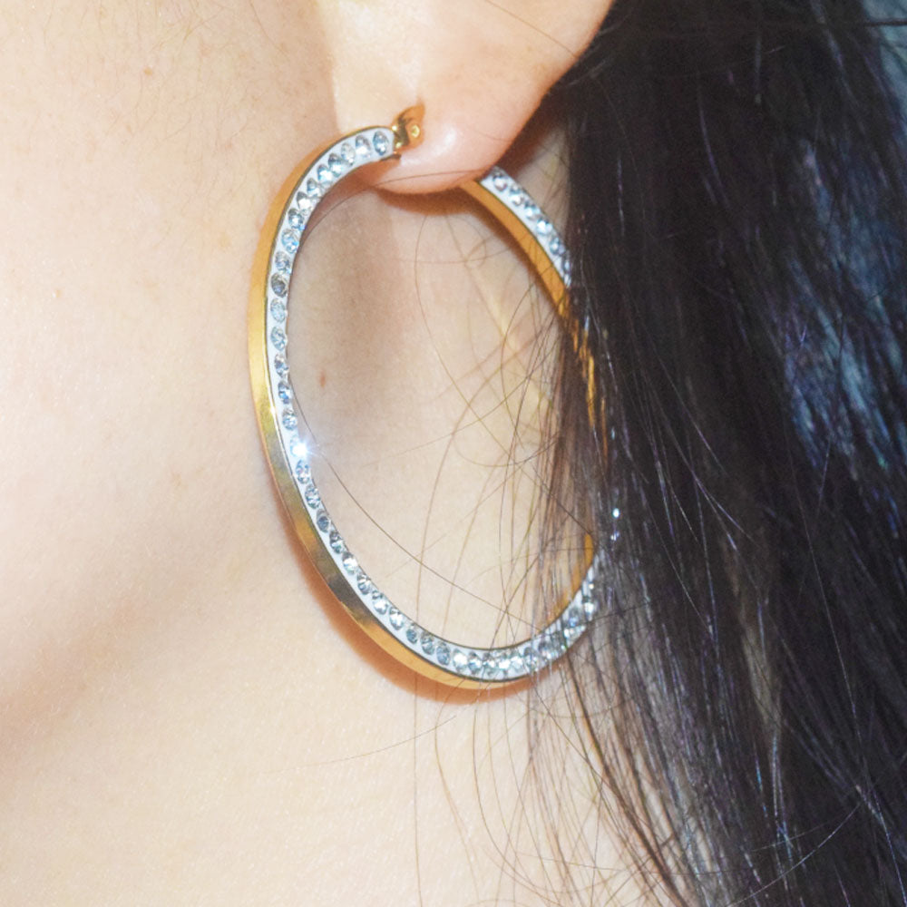 waterproof titanium stainless steel 18k gold plated big circle hoop diamond zircon beads bezel paving loops earring jewelry