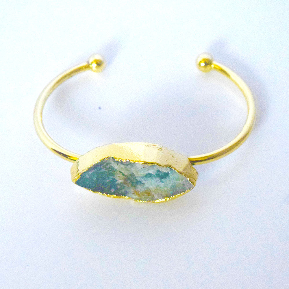 brass alloy hand natural quartz druzy charm open cuff bangle bracelet jewelry women