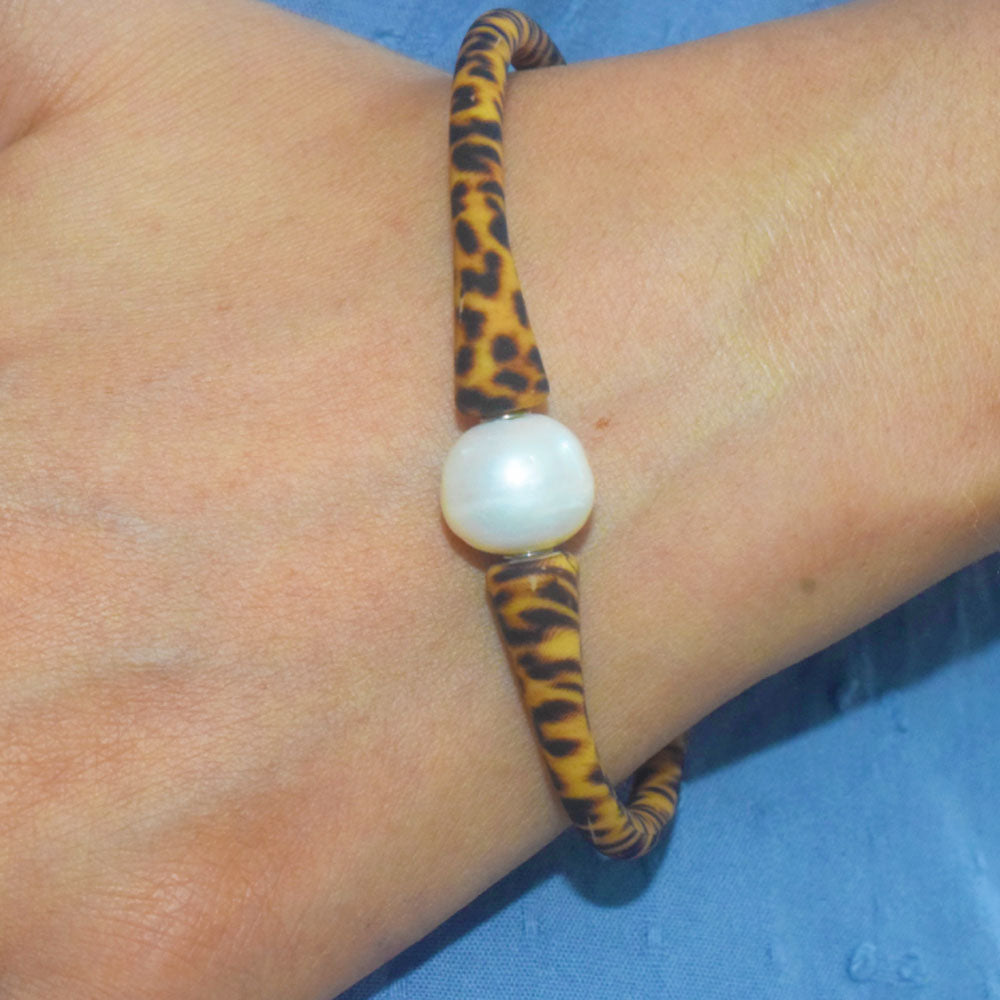 sea travel silicone rubber bracelet necklace jewelry set waterproof with genuine pearl charm bead leopard print
