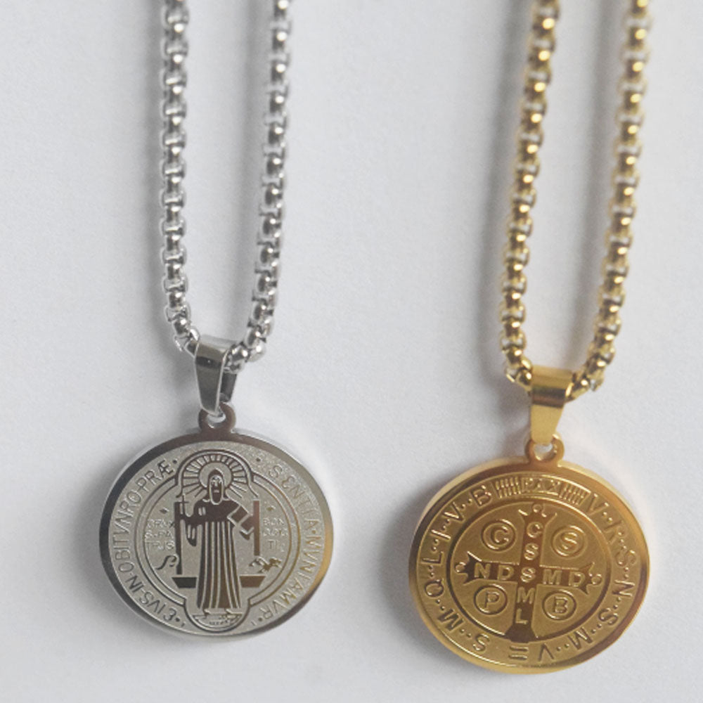 vintage stainless steel 2.45cm diameter saint benedict medal coin charm pendant necklace jewelry