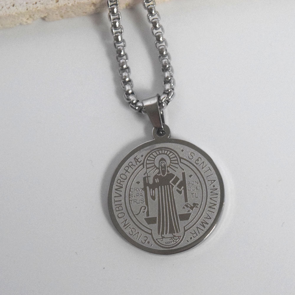 vintage stainless steel 2.45cm diameter saint benedict medal coin charm pendant necklace jewelry