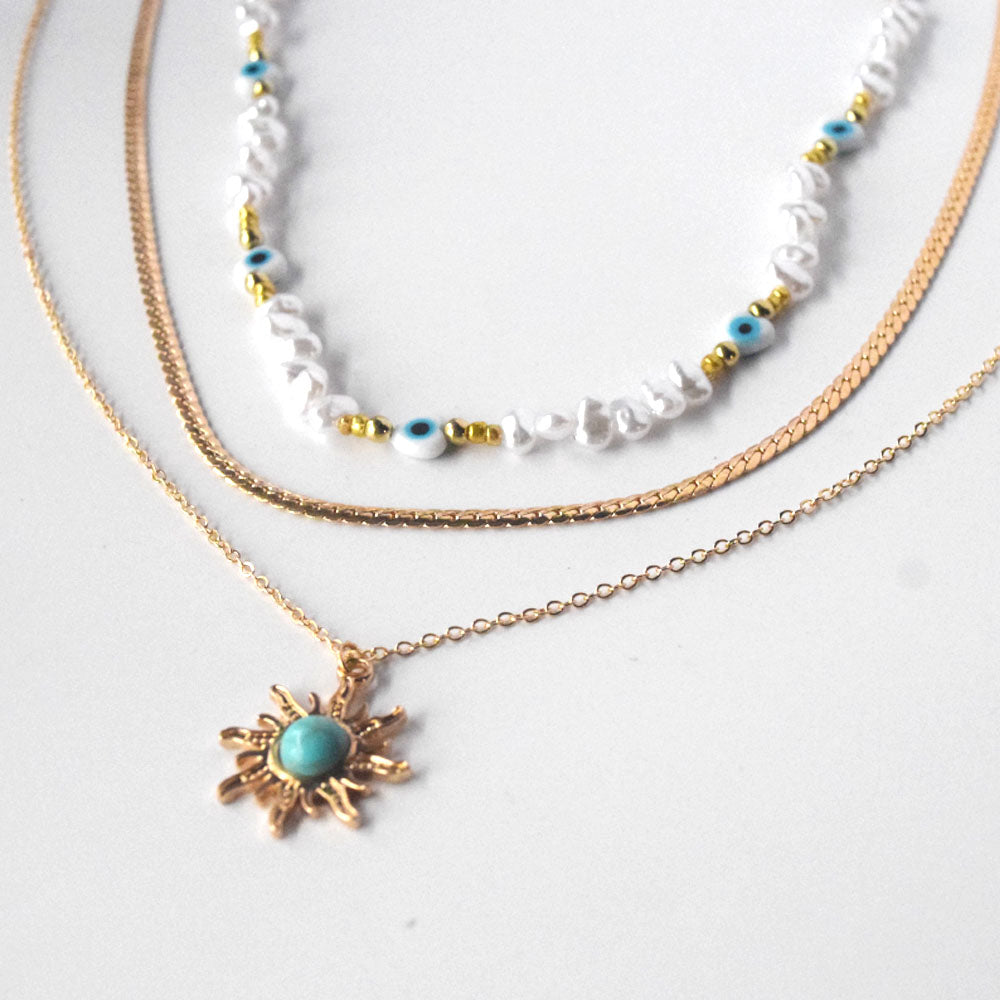 dainty brass alloy multi layer gold plated necklace turquoise stone sun pendant snake chain evil eyes bead necklaces 3 layered