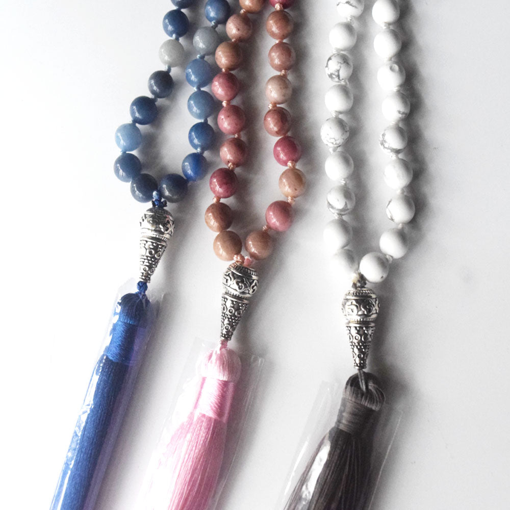 handmade natural gemstone japamala necklace 108 beads amazonite howlite tassel prayer yoga jewelry hawain necklace