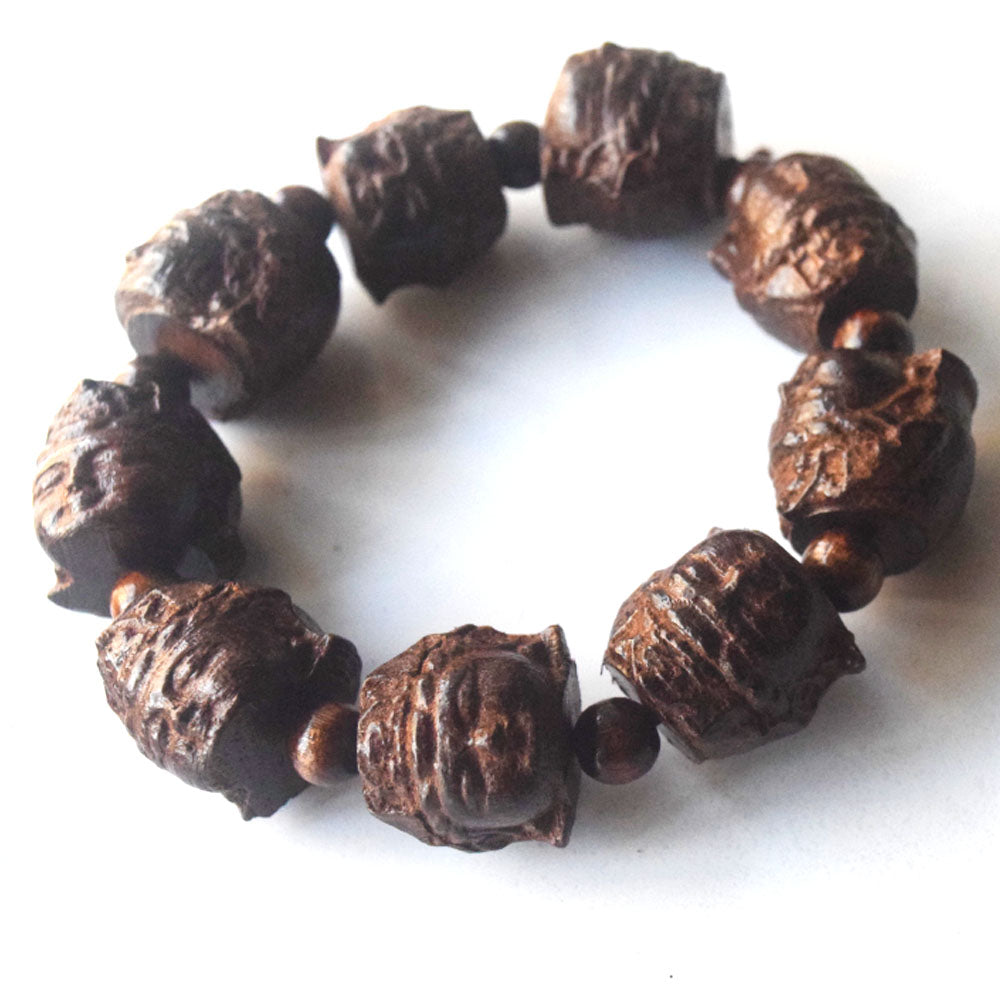handmade wood engraving stretch good luck buddha Avalokitesvara lotus bracelet men jewelry
