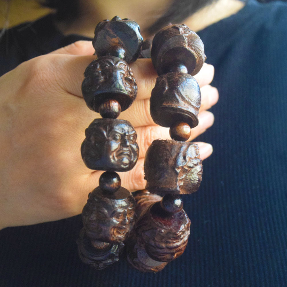 handmade wood engraving stretch good luck buddha Avalokitesvara lotus bracelet men jewelry