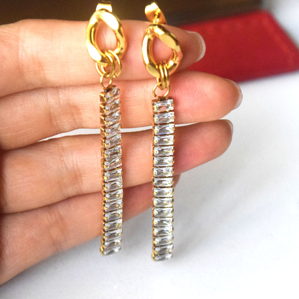 fashion waterproof stainless steel pvd 18k gold plated moissanite zircon tennis chain dangle drop tassel fancy earring for women