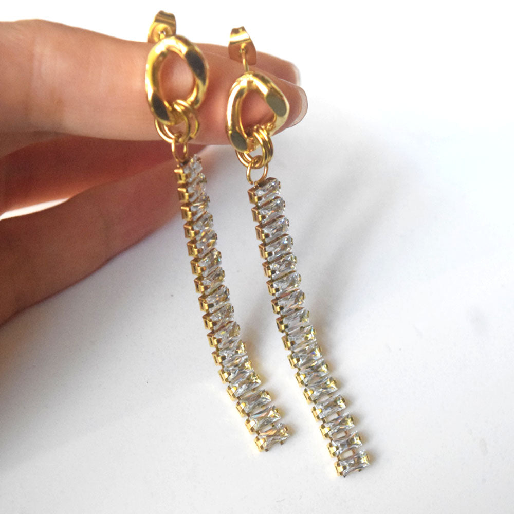 fashion waterproof stainless steel pvd 18k gold plated moissanite zircon tennis chain dangle drop tassel fancy earring for women