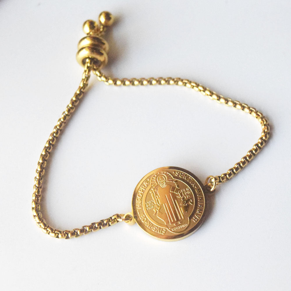 Stainless steel saint st benedict san benito medal cuff charm bangle bracelet jewelry 18k gold plated color