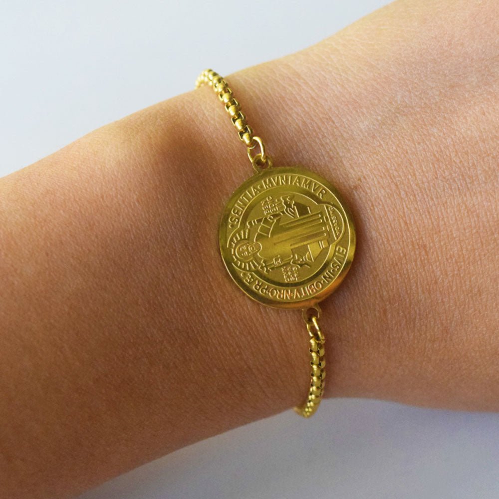 Stainless steel saint st benedict san benito medal cuff charm bangle bracelet jewelry 18k gold plated color