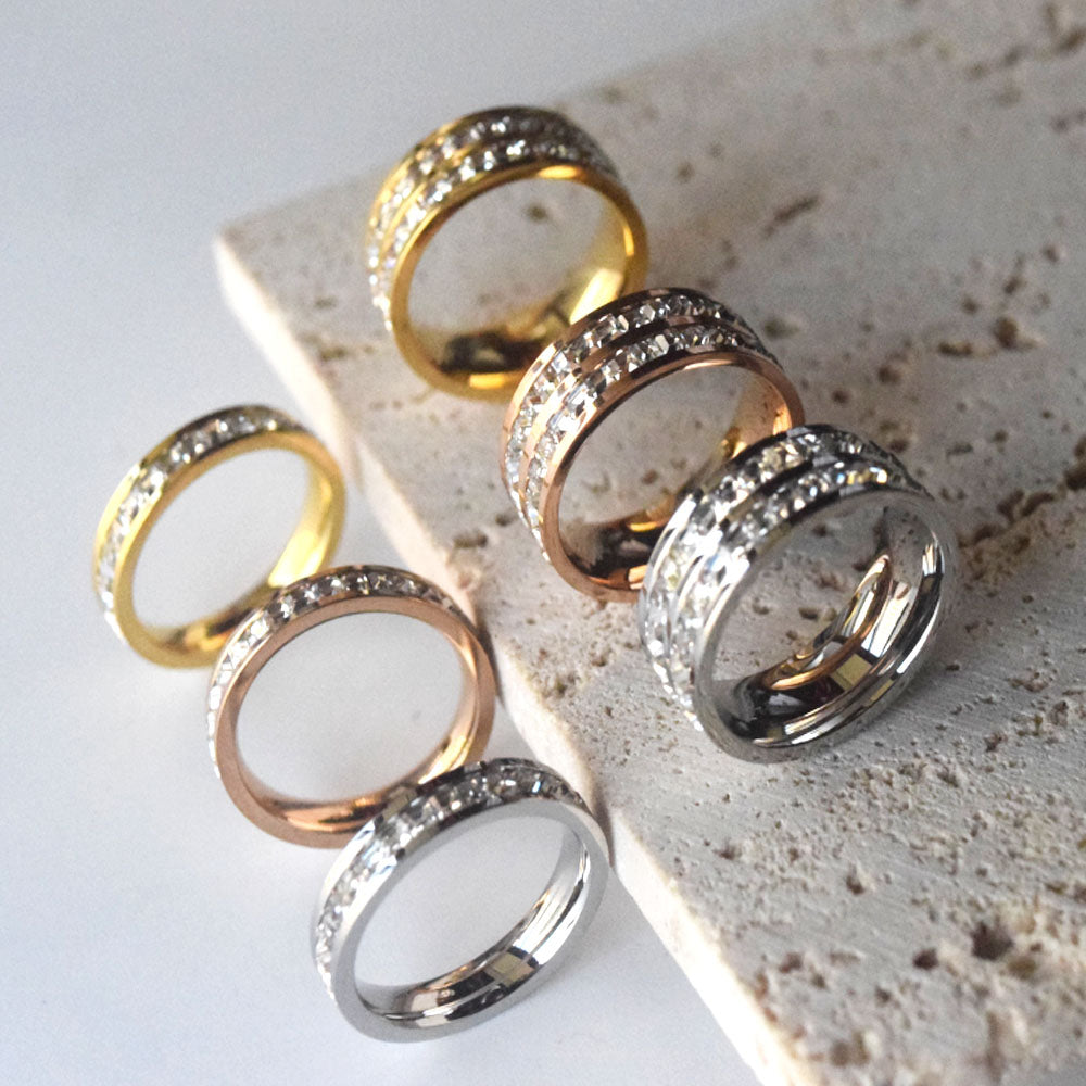 fashion trendy stainless steel gold plate zircon diamond zirconia beads bezel inlay finger rings jewelry