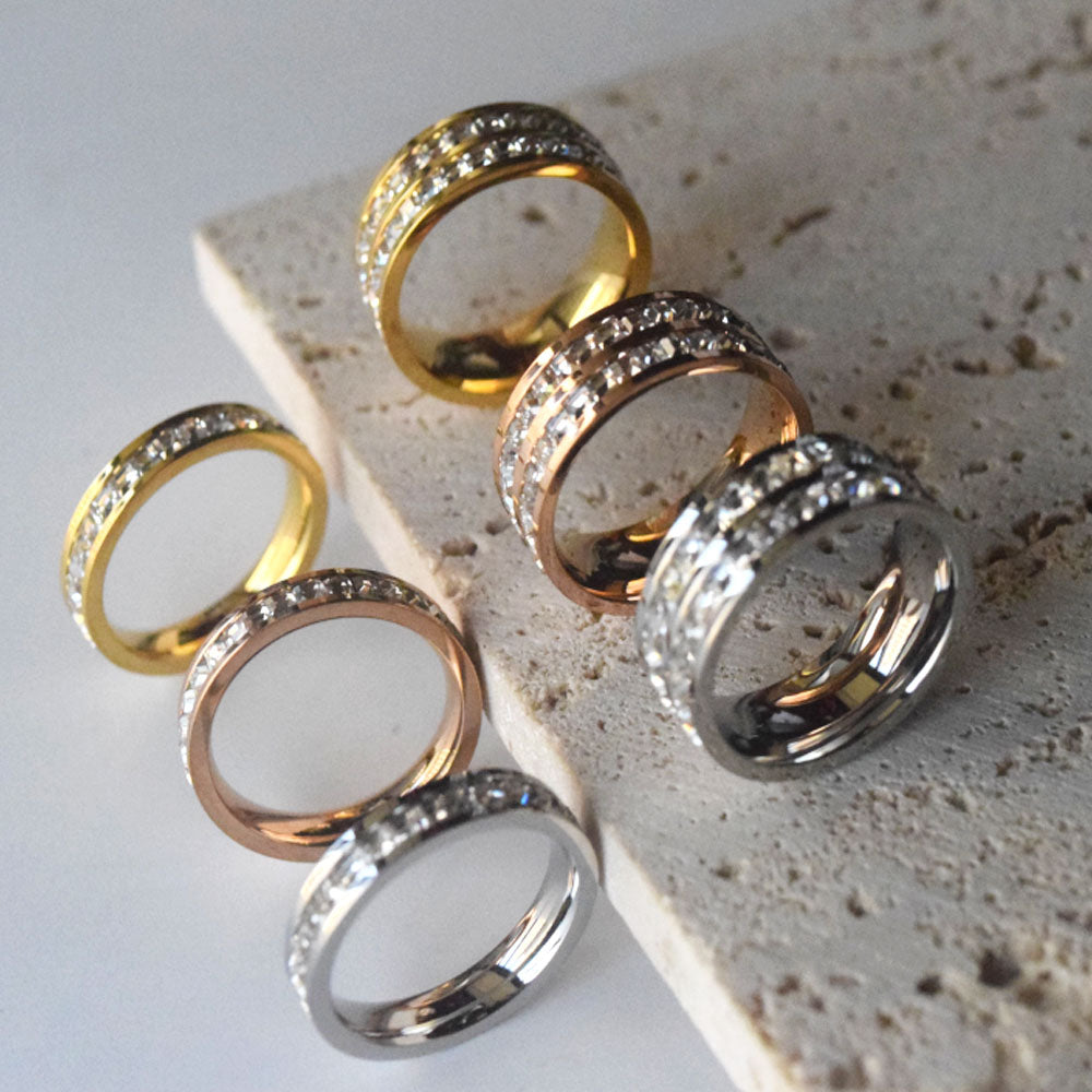 fashion trendy stainless steel gold plate zircon diamond zirconia beads bezel inlay finger rings jewelry