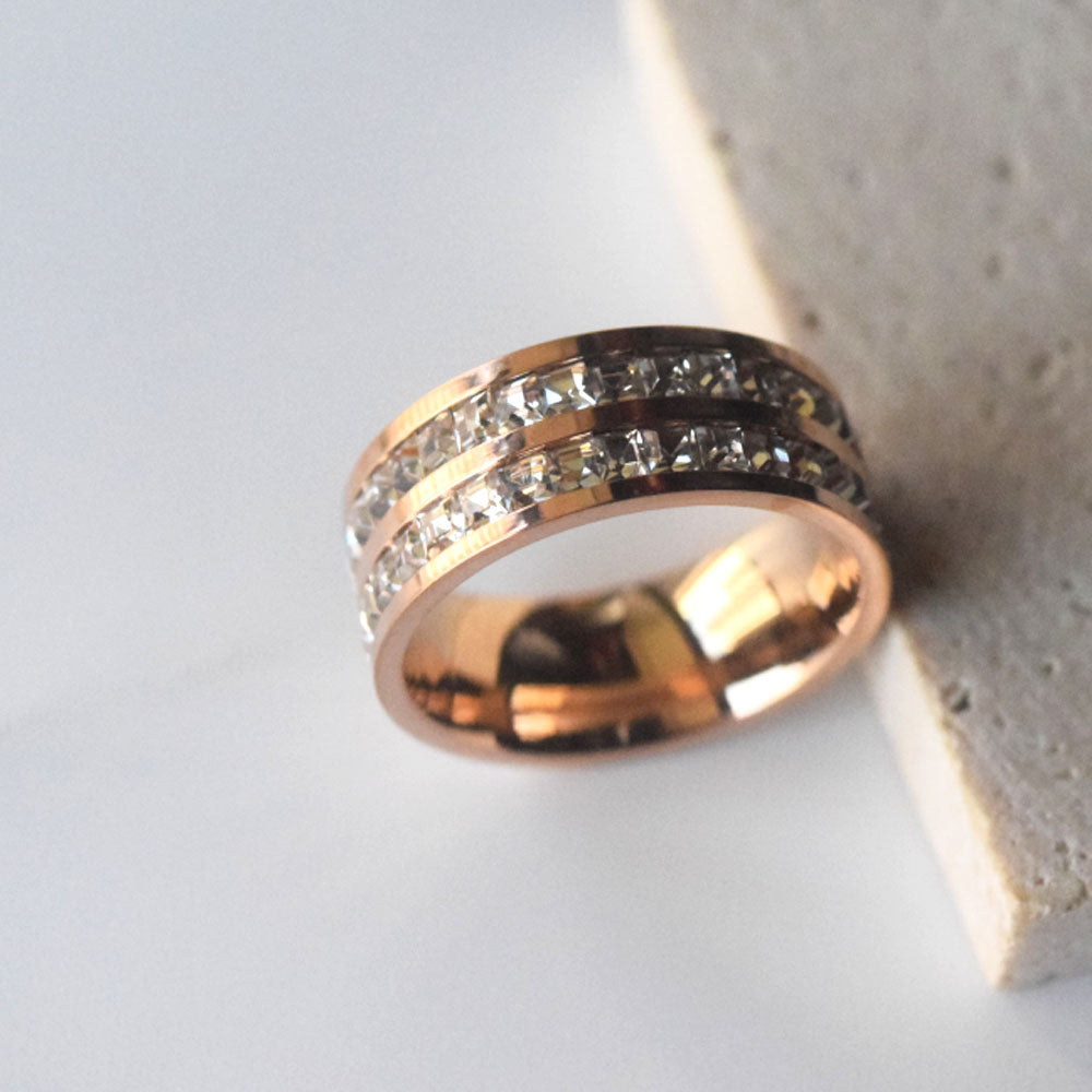 fashion trendy stainless steel gold plate zircon diamond zirconia beads bezel inlay finger rings jewelry