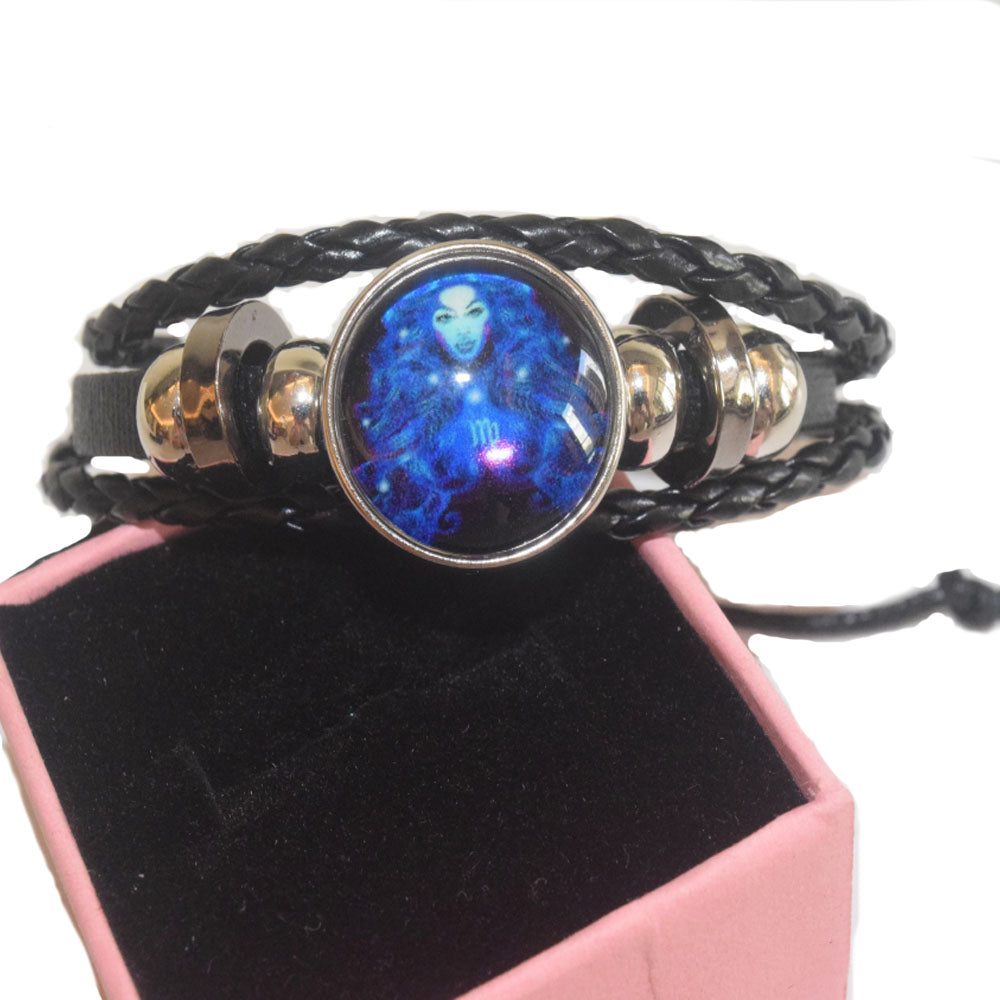 fashion punk bohemian 12 zodiac sign light at night noctilucence charm double layer leather braided lucky bracelet jewelry black