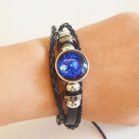 fashion punk bohemian 12 zodiac sign light at night noctilucence charm double layer leather braided lucky bracelet jewelry black