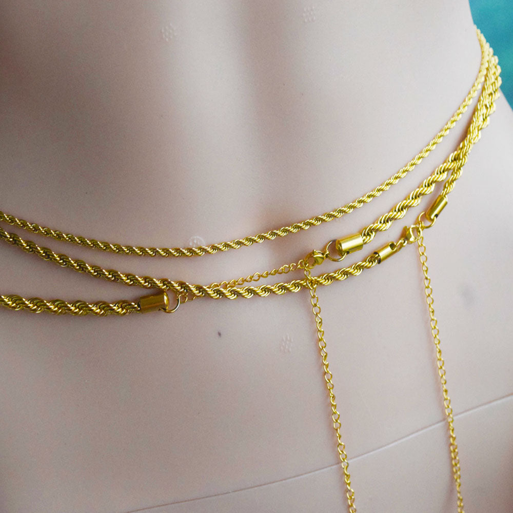 high quality summer sexy stainless steel 18k gold plated twist rope 3 4 5mm thick belly chain body jewelry women 62+20cm long