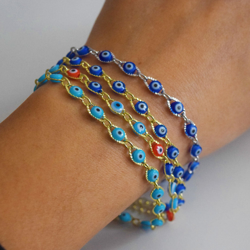 brass alloy blue turkish evil eyes bead beaded chain charm bracelet anklet and necklace jewelry