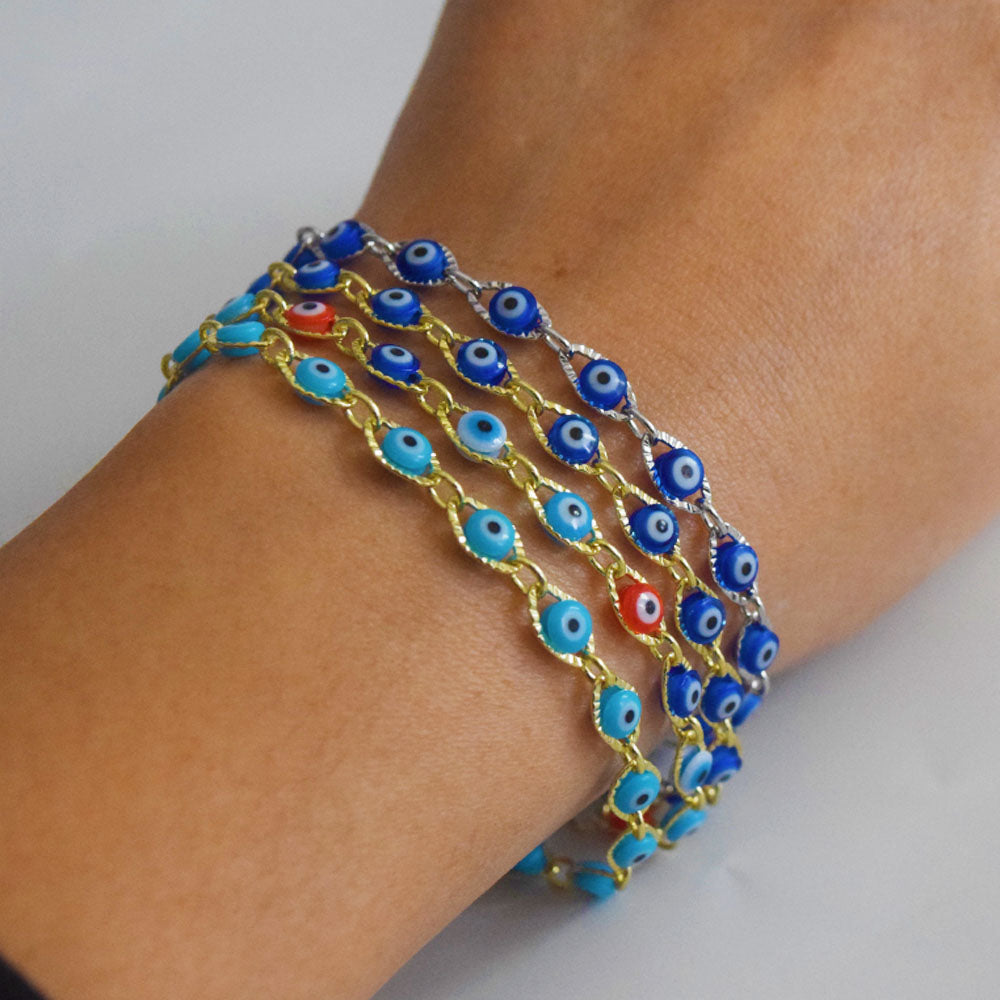 brass alloy blue turkish evil eyes bead beaded chain charm bracelet anklet and necklace jewelry