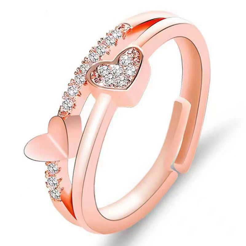 New Trendy Korea Crystal Engagement Ring Heart jewelry Gift White Gold Rose Gold Elegant Adjustable Cuff Rings For Women
