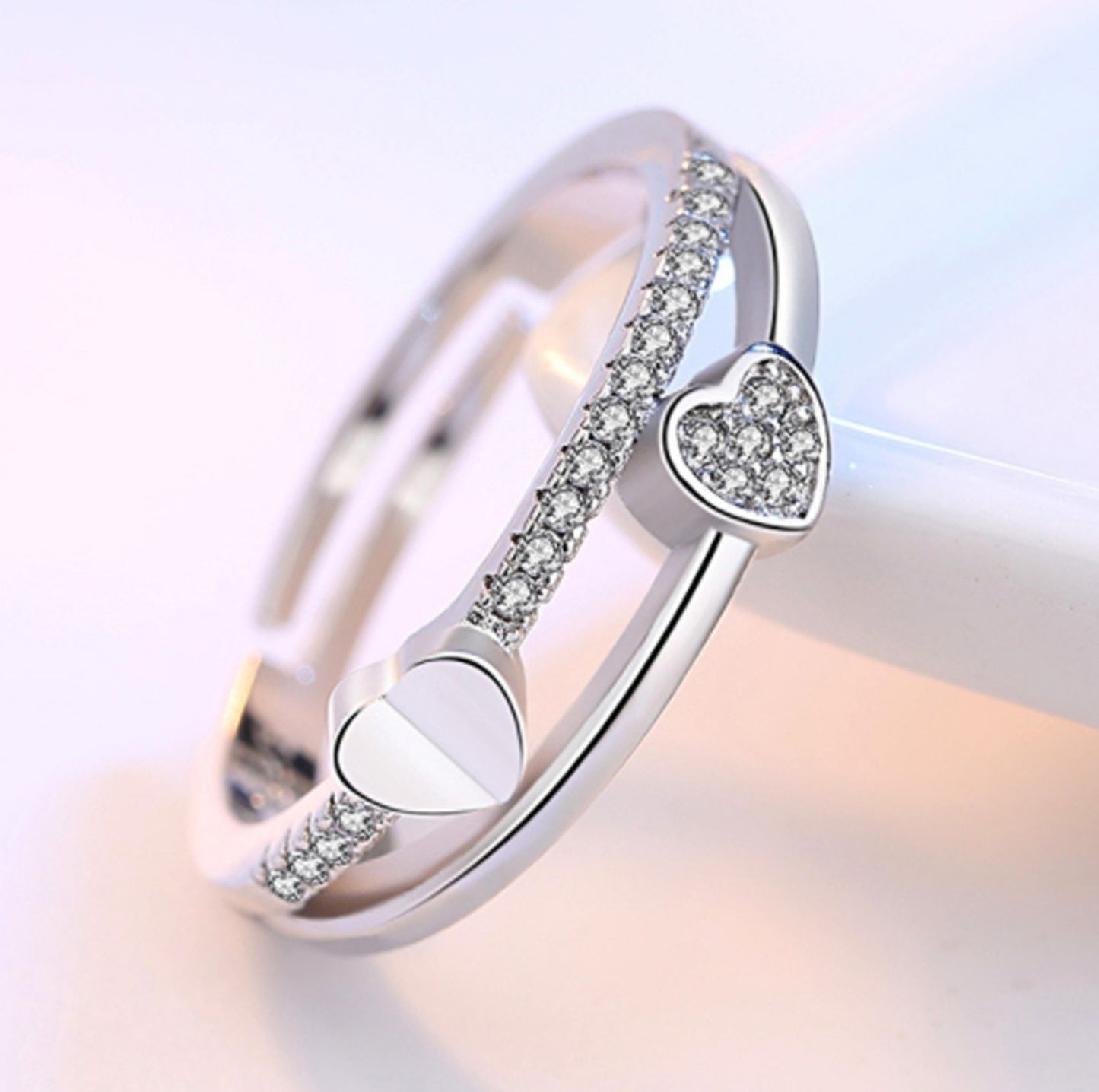 New Trendy Korea Crystal Engagement Ring Heart jewelry Gift White Gold Rose Gold Elegant Adjustable Cuff Rings For Women