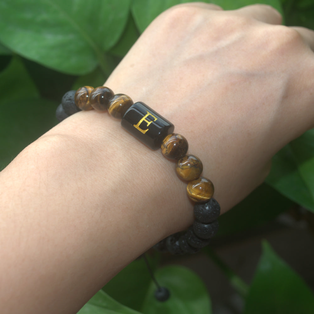 black lava rock tiger eye gemstone bead initial letter alphabet charm bracelet handmade bracelet men China supplier manufacturer
