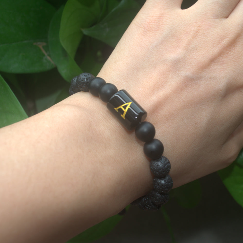 black lava rock gemstone bead initial letter alphabet charm bracelet handmade adjustable bracelet China supplier manufacturer