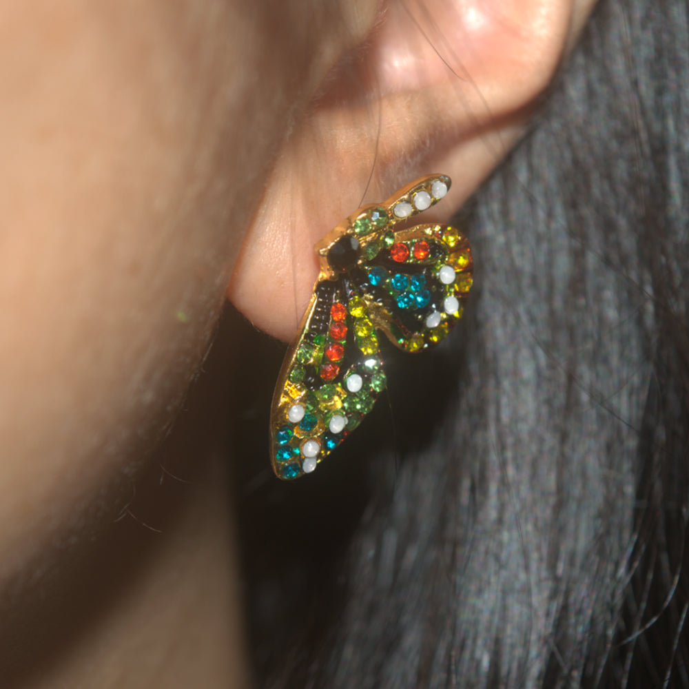 Fashion personality cute gold butterfly ear nail zinc alloy rainbow crystal rhinestone butterfly earrings