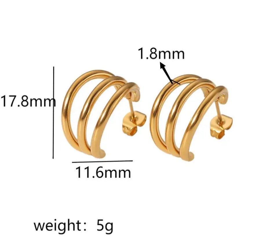 Fashion Classic Vintage Stainless Steel 18k Gold Hoop C Tripple Earrings for Women