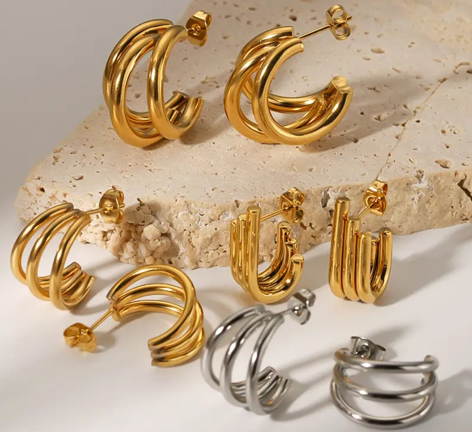 Fashion Classic Vintage Stainless Steel 18k Gold Hoop C Tripple Earrings for Women