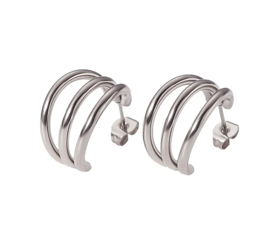 Fashion Classic Vintage Stainless Steel 18k Gold Hoop C Tripple Earrings for Women
