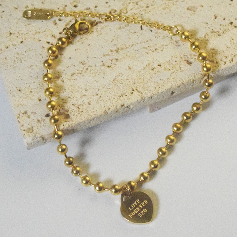 fashion trendy stainless steel gold plate round ball beads chain bracelet heart charm pendant bracelet jewelry