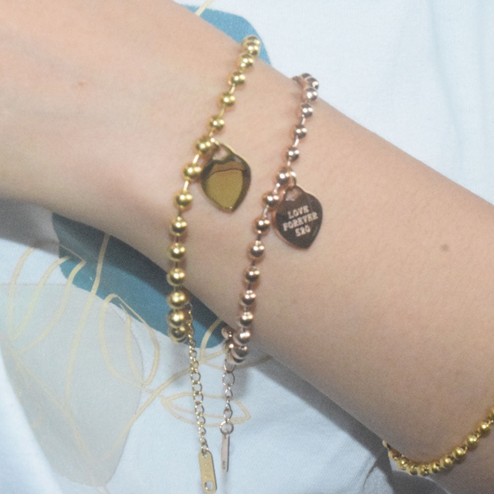 fashion trendy stainless steel gold plate round ball beads chain bracelet heart charm pendant bracelet jewelry