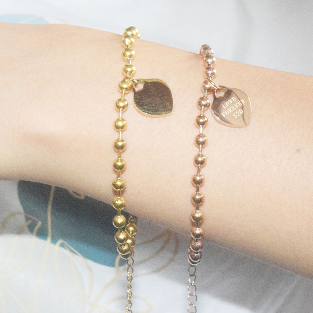 fashion trendy stainless steel gold plate round ball beads chain bracelet heart charm pendant bracelet jewelry