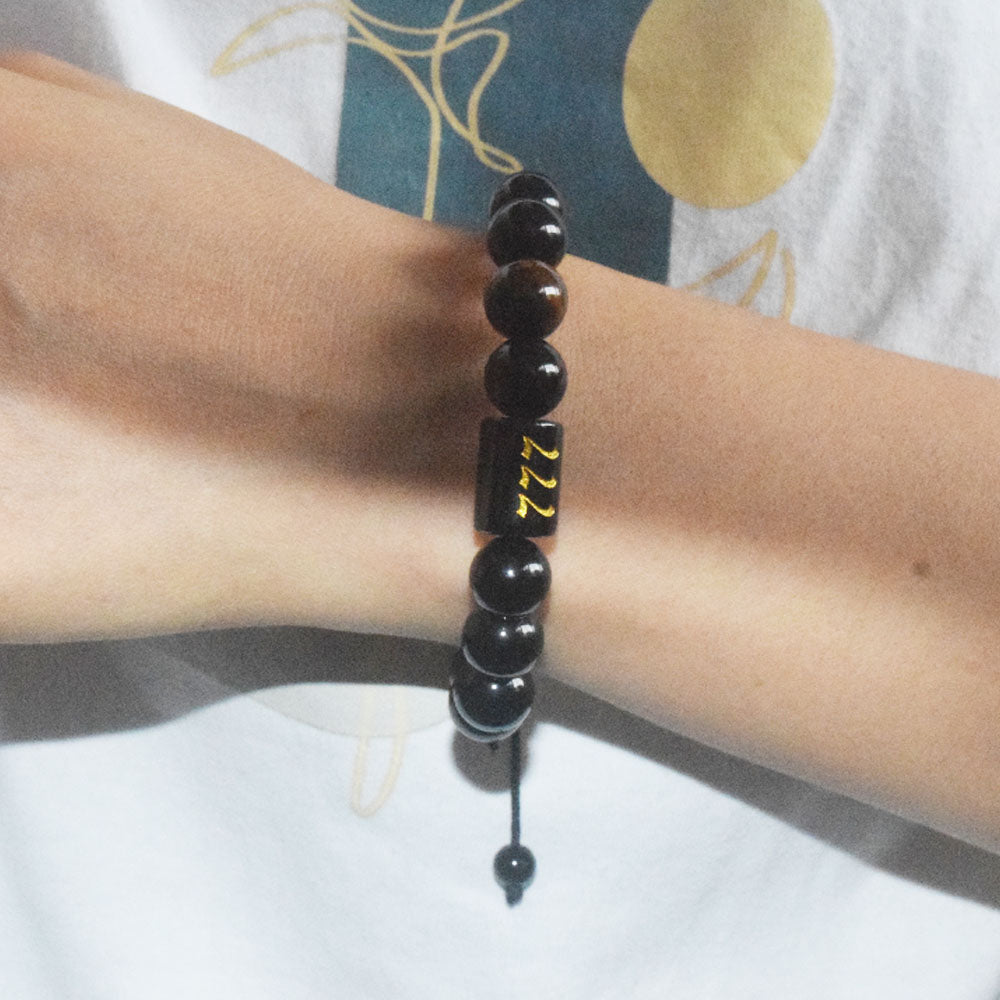 black obsidian gemstone bead angel numbers 111 222 999 charm bracelet handmade adjustable bracelet China supplier manufacturer