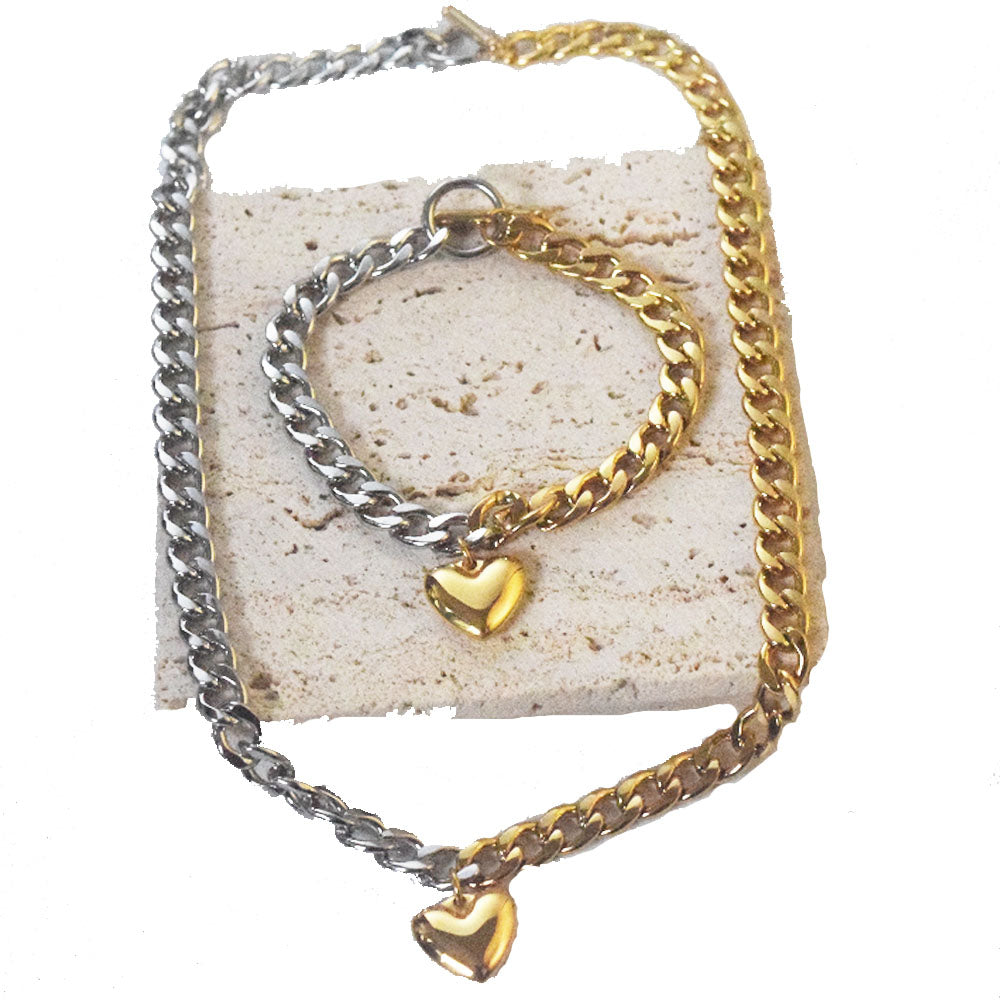 waterproof 18k gold plated miami cuban chain link 8mm half gold half silver necklace bracelet set with heart pendant jewelry