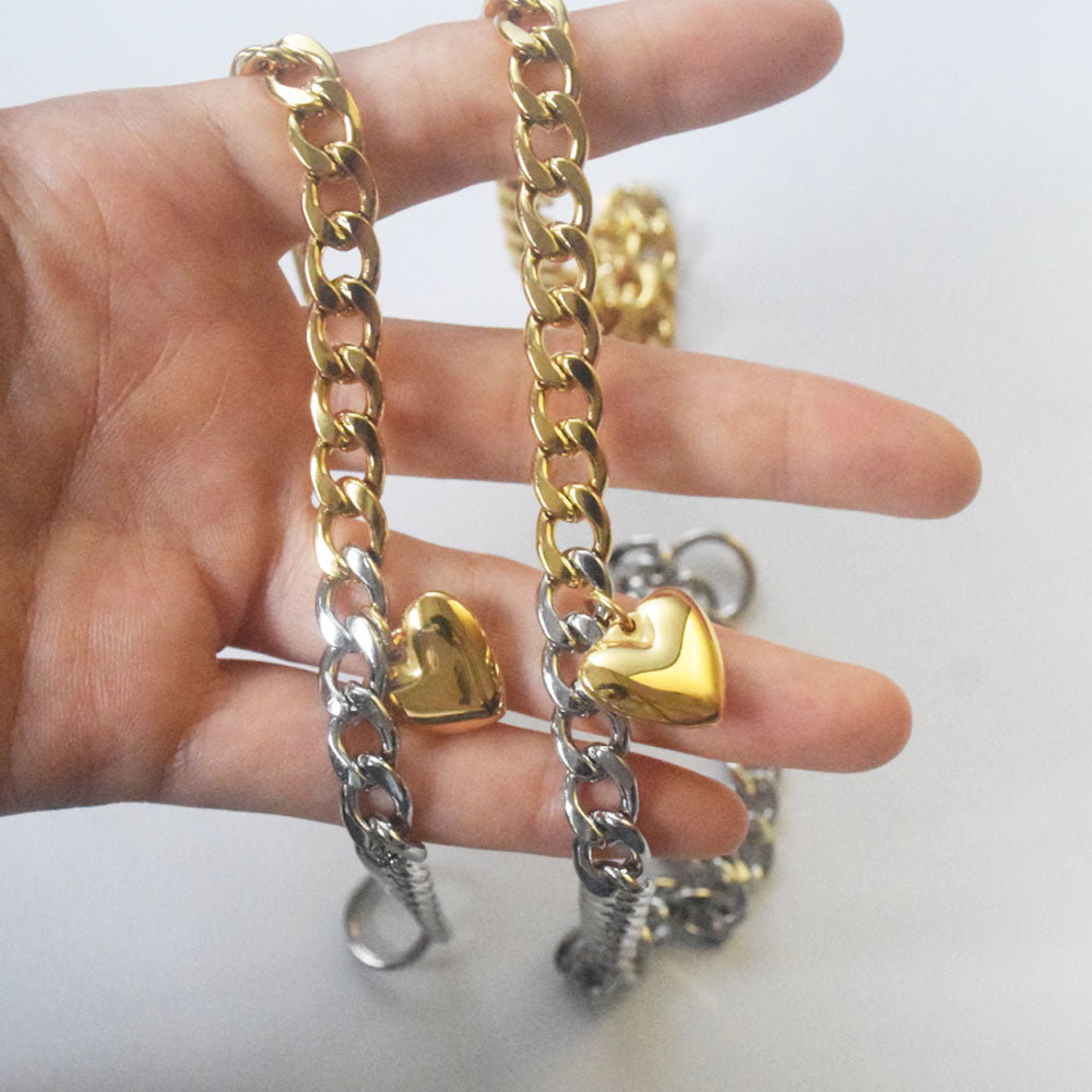 waterproof 18k gold plated miami cuban chain link 8mm half gold half silver necklace bracelet set with heart pendant jewelry