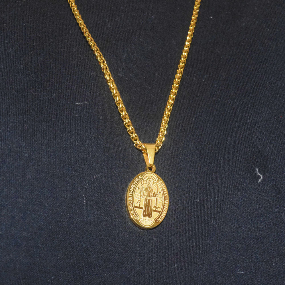 rosaries religious vintage stainless steel culture father Saint Benedict medal coin charm catholic faith pendant necklace men