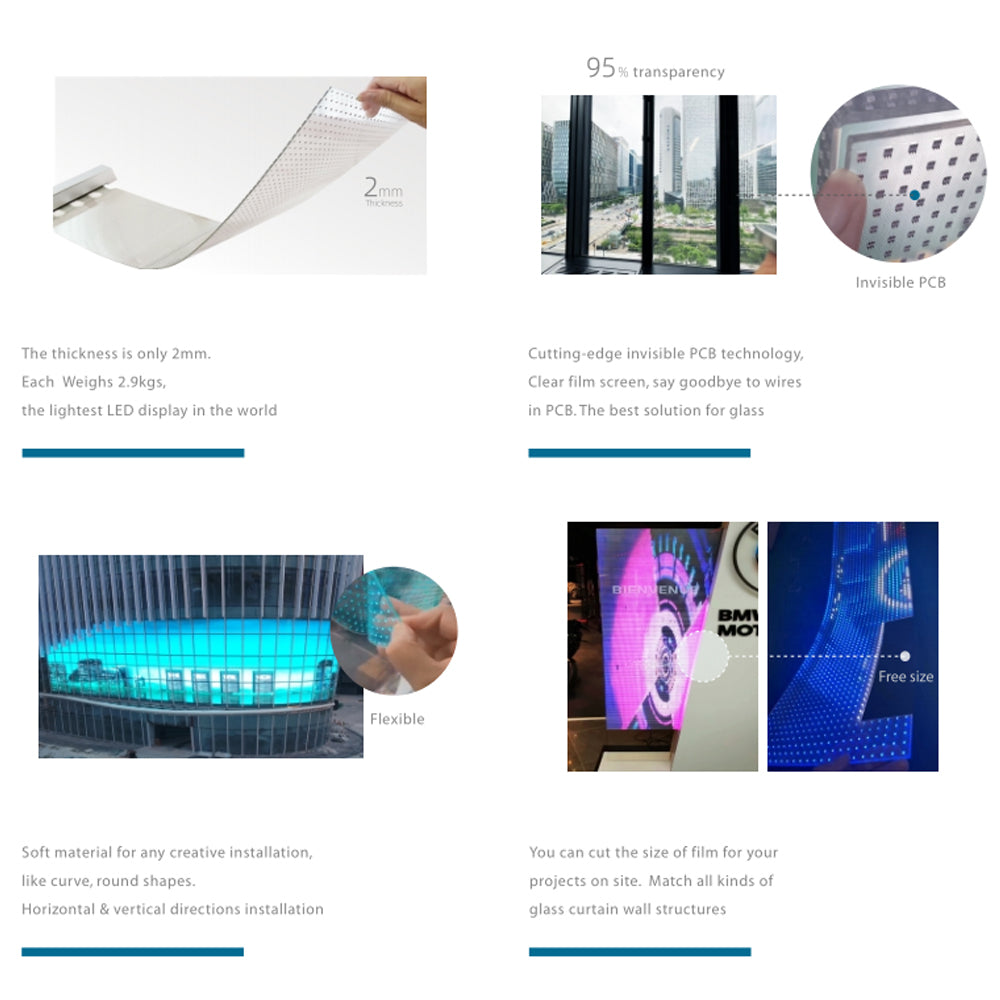 indoor outdoor Flexible Clear film adhesive transparent micro led screen animation for glass wall door window advertising