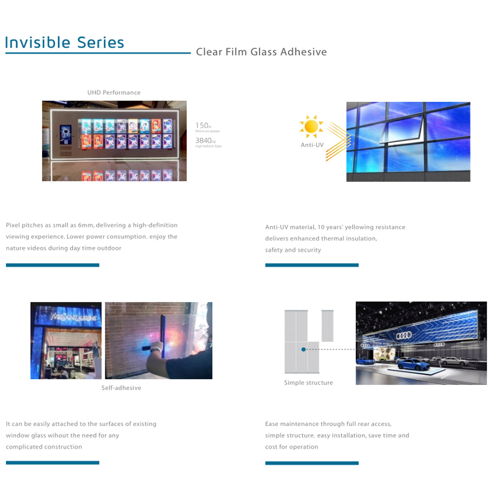 indoor outdoor Flexible Clear film adhesive transparent micro led screen animation for glass wall door window advertising p6